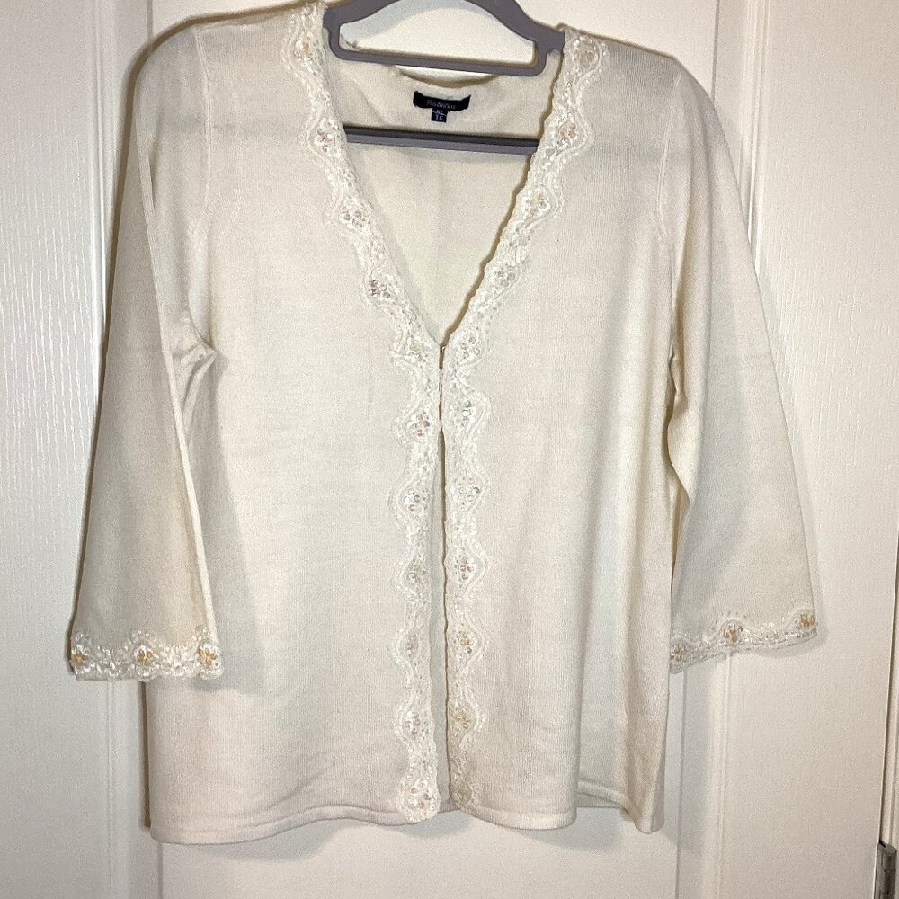 Reitmans Women's White Angora Blend Cardigan Lace Sequins Luxury Classic Soft